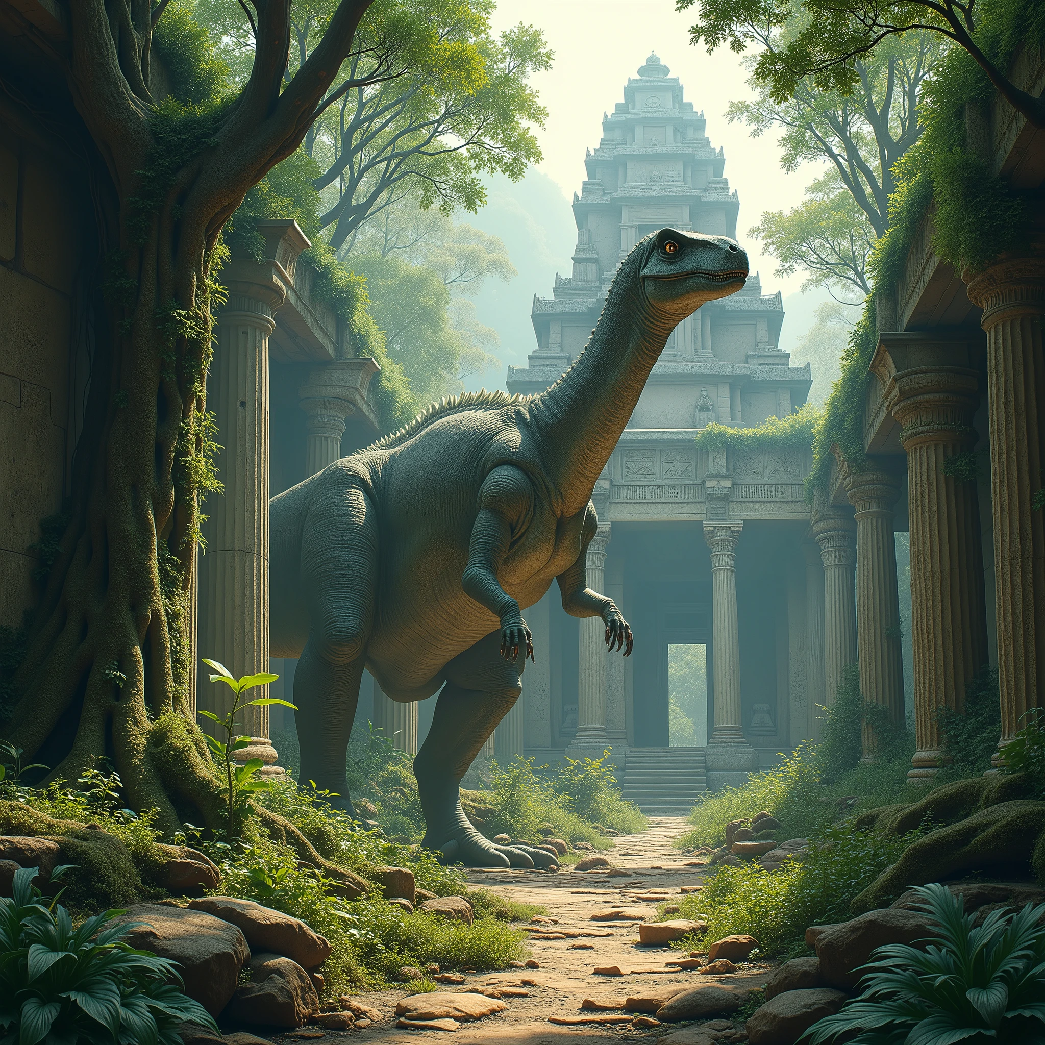 A dinosaur stalks amidst the fallen and overgrown ruins of an ancient temple complex.