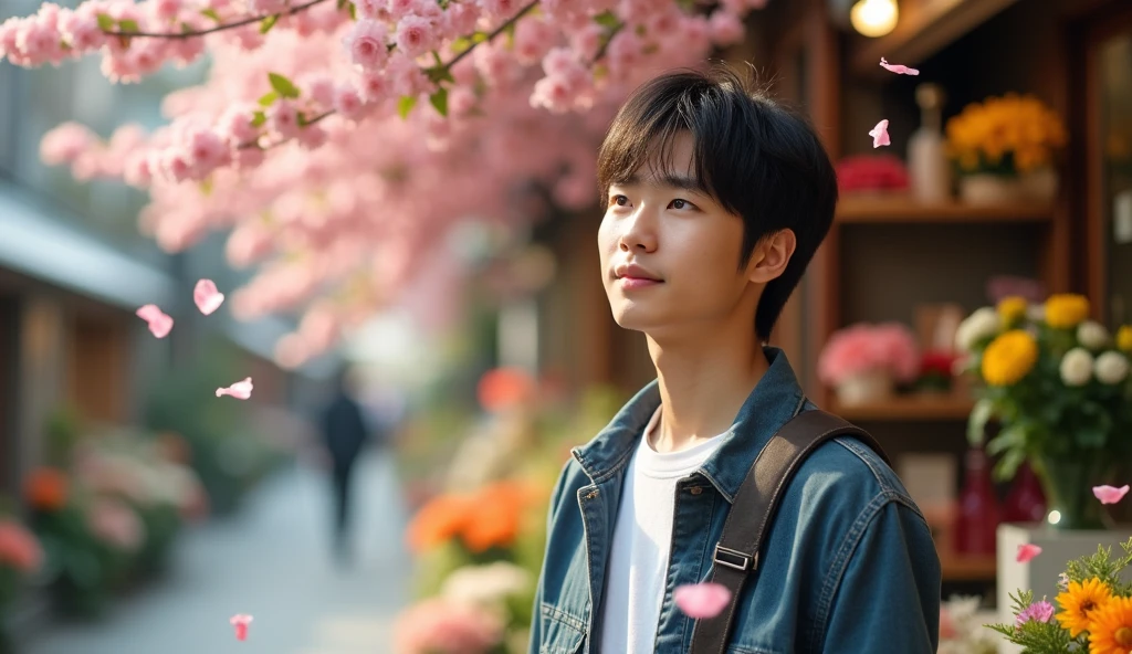 A Japanese male college student wearing stylish clothes looks into the distance with a bright expression.,Excited, Photo of your face, A florist shop with falling petals in the background, with a natural look, With a slightly tired look, tilt your face a little, Diagonal orientation, Average face