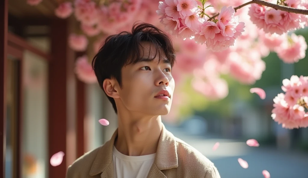 A Japanese male college student wearing stylish clothes looks into the distance with a bright expression.,Excited, Photo of your face, A florist shop with falling petals in the background, with a natural look, With a slightly tired look, tilt your face a little, Diagonal orientation, Average face