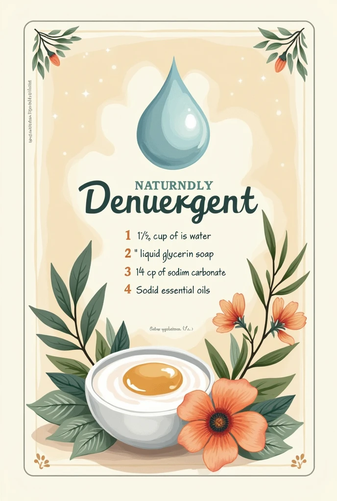Can you make me a small rectangular label from the back of a detergent with the following ecological ingredients: 1 liter of water 1/2 cups liquid glycerin soap 1/4 cup soda (sodium carbonate)
- 2 tablespoons of sodium lauryl ether sulfate (SLES)
10 drops of essential oil (Optional, for aroma)