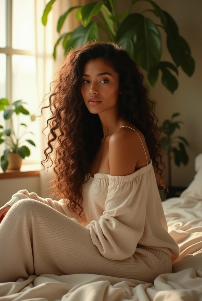 (photorealism:1.2), beautiful woman, sitting on bed, wearing loose off-shoulder top, pajama pants, long curly hair, indoors, soft lighting, plants in background, window with sunlight, cozy room, relaxed pose, realistic, intricate details, warm colors, by Greg Rutkowski, by Alphonse Mucha