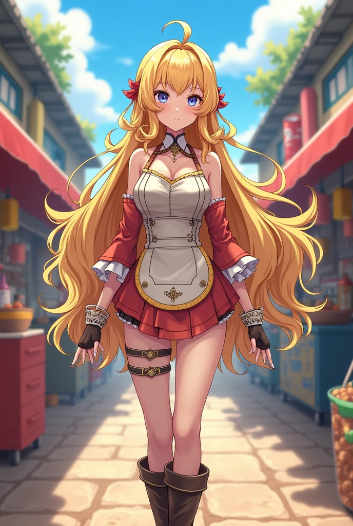 gender：Women&#39;s hair color：Blonde Hairstyle：Long hair Hair that grows out from the sides of the ears is curly.：Create an anime-style character with more than just an apron and a sling。
Strong deformation