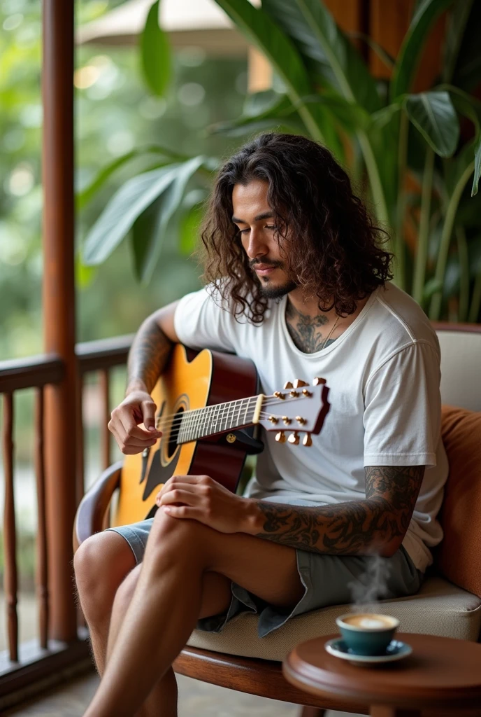 Photography of a typical 20 year old Indonesian guy with long curly hair and tattoos wearing a white t-shirt, shorts, flip-flops, sitting casually playing the guitar.,drinking coffee and smoking cool luxury background 