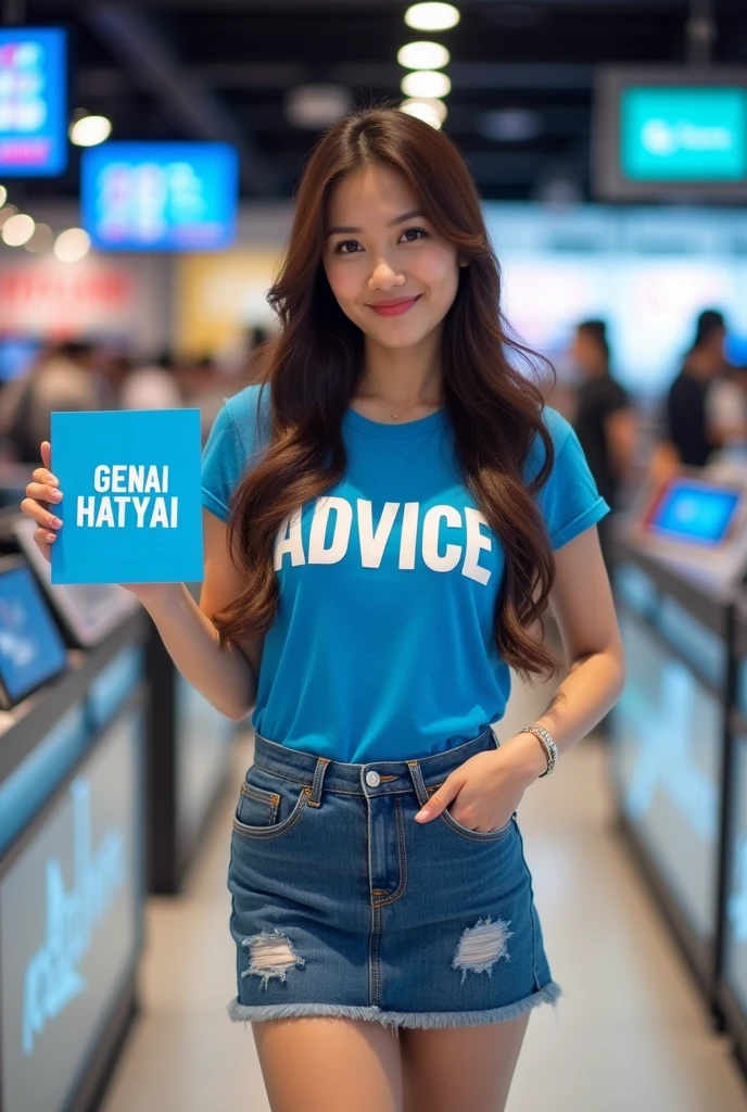 A beautiful Thai woman wearing a blue T-shirt with the words printed on it "ADVICE" Wear a short jean skirt, (Standing holding a GENAI HATYAI sign)&quot;In a tablet computer shop