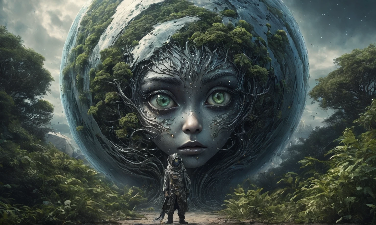 pretty face,eyebrow up,full body length shot,obsidian elf,full body length shot,very beggar niobium graphite The Alien Entity, babychild, wants eat,full body shot, of psychedelic style ,The iris looks weird, attractive, The stars in space is reflected in the pupil, goose down eyelashes, long wavy luminescent hair,insane baggy clothes,view from height,full-body-shot,High contrast,Masterpiece,Realistic,Ultra Detailed,intricate details,realistic humid skin,extremly intricate,realism,photorealism, cinematic style,irina yermolova,HDR,((Wangechi Quality)),ominous landscape,glate gray atmosphere,by art Simon Stalenhag,Nicola Samori,(((Wangechi Mutu))),prime colors,urban,extremely detailed,masterpiece,intricate details,faded,eyes extremely detailed, high detailed eyes,4k resolution,RAW, Nikon Z9,scary town,stalker,goblin,Dubai of United Arab Emirates,Mestichino,Light particles,marble leather ,ink photography ,Mestichino,Light particles, Glass sphere, close-up of a planet with a bunch of trees on it, overgrown planet, green planet, Fractal World, A lush world of fantasy, fantasy planet, Dyson sphere, planetary landscape, round planet inspired by Jofra Bosschart, planet, Future World, psychedelic Mysterious World