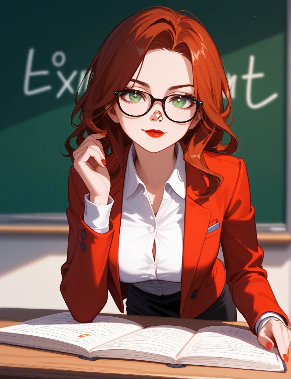 (masterpiece:1.2), best quality, Anime-style portrait, Elizabeth-sensei, front view, clear facial details, half-body shot, non-white background. Attractive woman with long, wavy auburn hair, sharp green eyes with a mischievous glint. Curvy figure in a fitted blazer and pencil skirt. Playful smirk on red lips, one eyebrow slightly raised. Glasses perched on nose, pushed down slightly. Leaning forward over a desk, one hand loosening her collar. Classroom setting with blurred chalkboard and desks in background. Soft afternoon light filtering through windows. Emphasis on expressive eyes and dynamic pose.