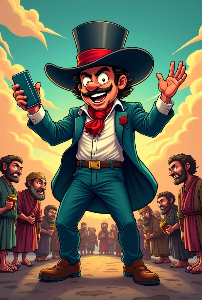 A cartoon where you can see a man with a big hat saying revolution with a state-of-the-art cell phone and behind him poor peasants beaten in very bad conditions and asking for peace.