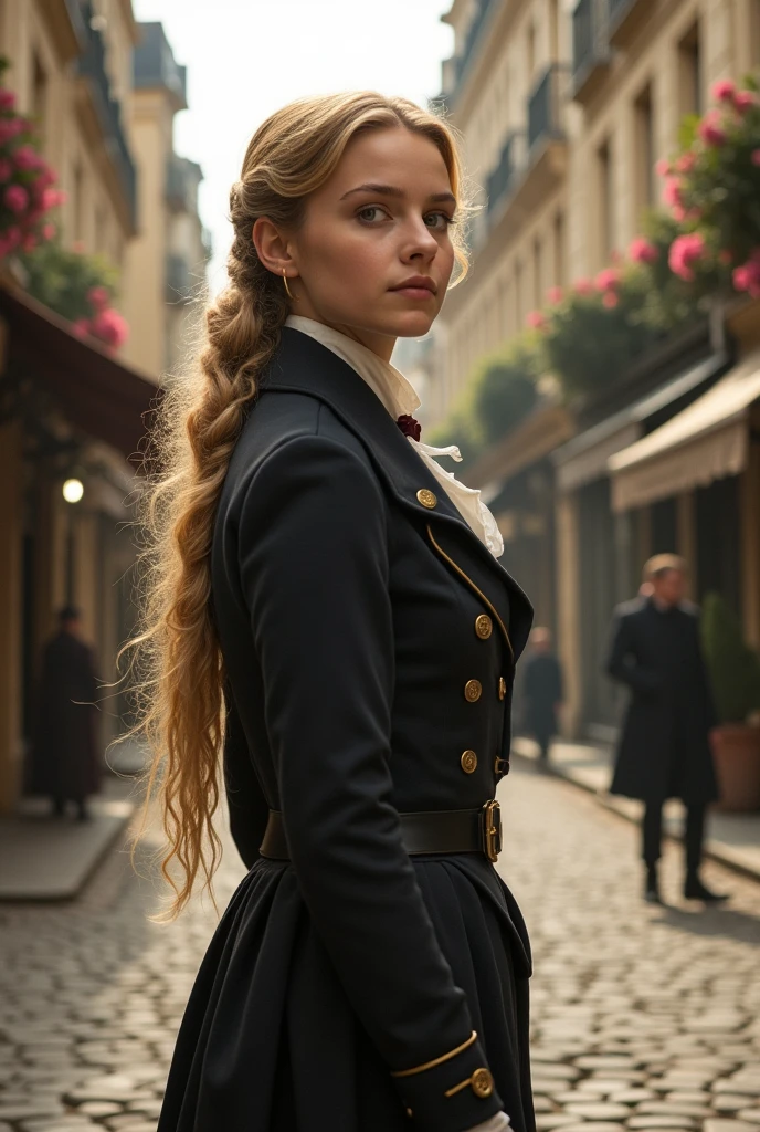 Cosette in a Parisian uniform from the 1800s. Cosette's appearance represented the transition from a mistreated child to one with dignity and respect.. As in her 16-18 years she remembers that she is blonde