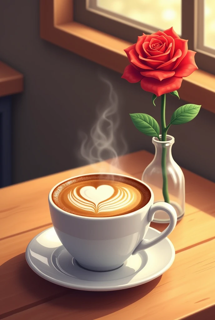 a cup of coffee with a heart on top and a rose in 2d