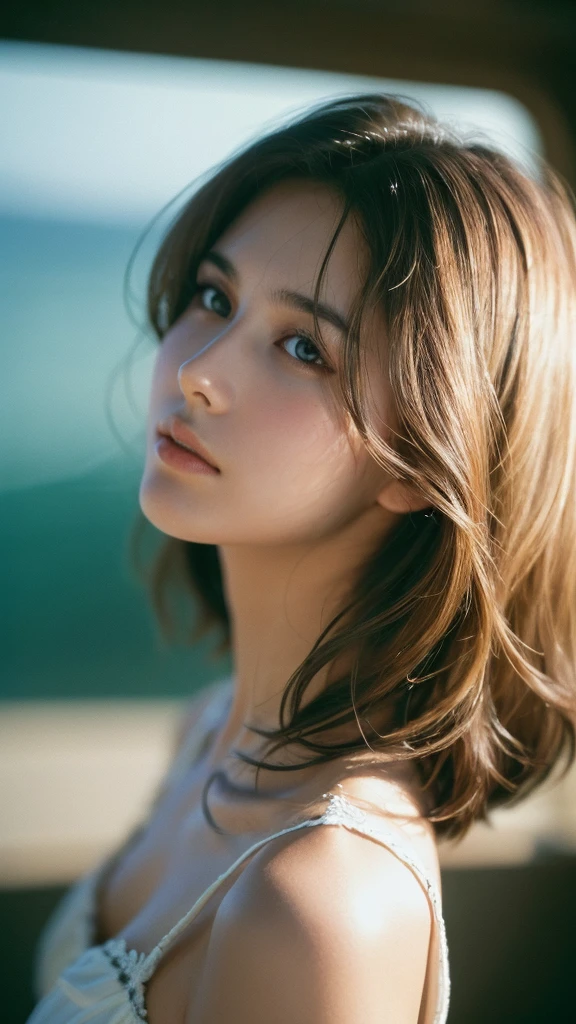 Film Portrait Photography, One person, Exposing shoulders, Shoulder-length wavy hair, Calm, Calm, (Realistic eyes, Natural skin texture, Realistic facial details), Soft and dramatic lighting, Depth of written boundary, Bokeh, Vivid details, In detail, Surreal, 35mm Film, Blurred, movie,