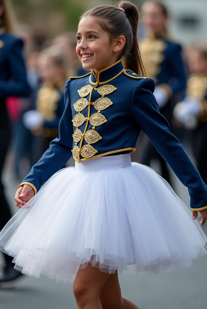 make me an marching band uniform for girls color must be navy blue mixed with gold and white underskirt make the skirt fluffy more like a dress the skirt must be mixed with white