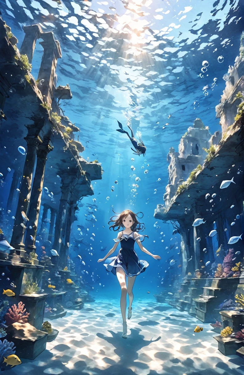 One beautiful girl、Mystical feeling、cute１７Year old girl、Underwater walking,Underwater Walking、Underwater swimming、超High resolution, High resolution, 4K, 8k,close,Sunken Ruins、Girl in the water、water、surrounded by bubbles、A world of deep blue、 work in deep blue tones