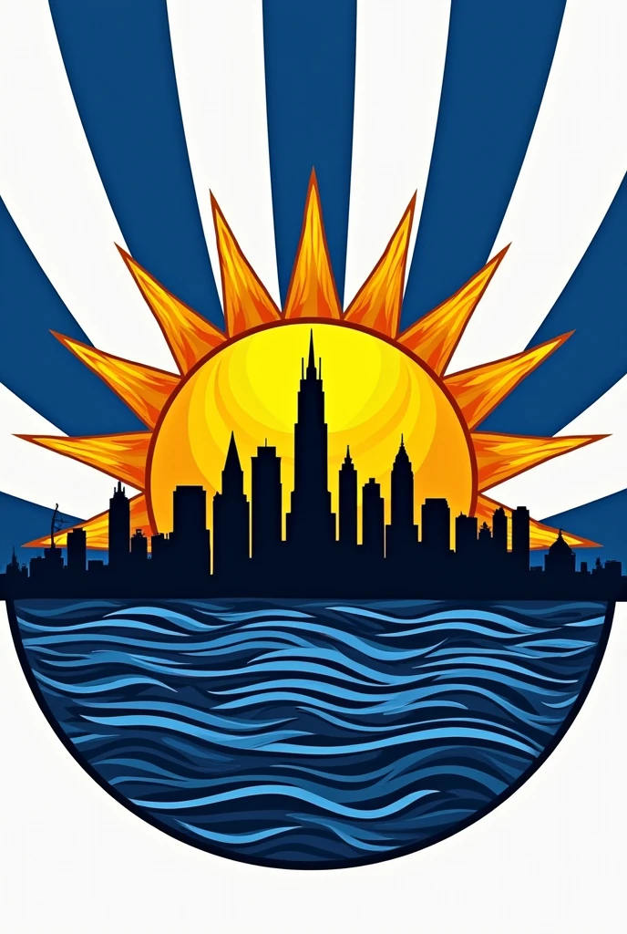 Create an image that is circular with a sun from the Uruguayan flag, a background with blue and white stripes with a city behind that says garra charrua, the part of the city that is shaped like buildings in black charrua RP IN CAPITAL LETTERS AND TAKE OUT GARRA 