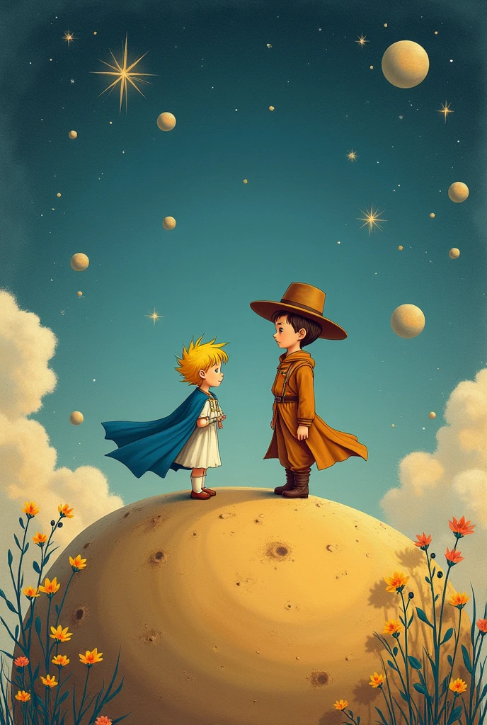 Make me a poster of the little prince and the aviator as if it were the least animated book