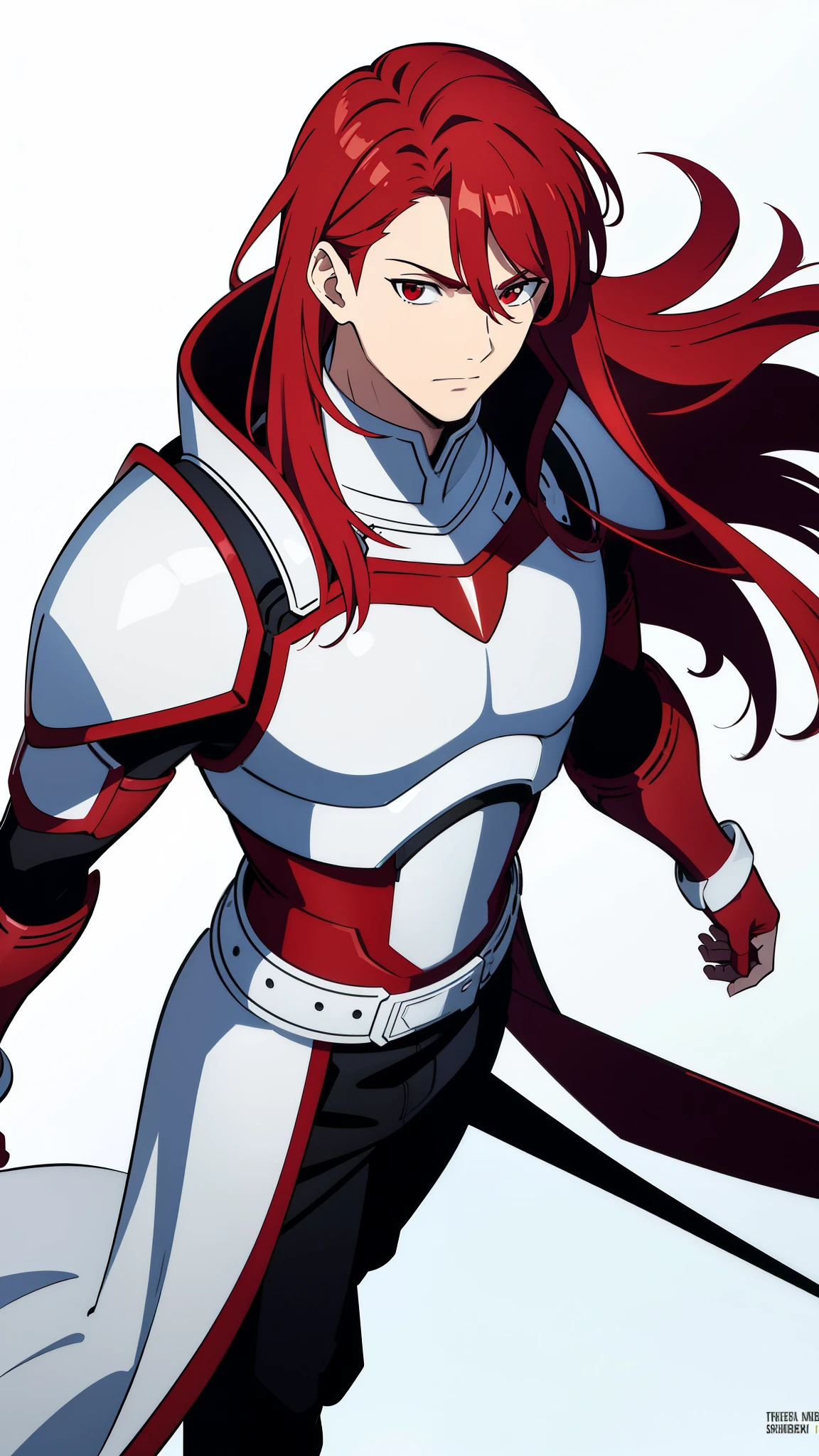 (1man,20 years old),red hair,long hair,red knight armor, expressionless,walking, dynamic angle,y,(white background, simple background from above), upper body