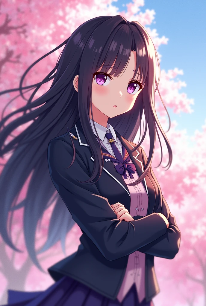 An anime girl, black long hair, matured, purple eyes, warm, slanted eyes, half body, heroine, uniform