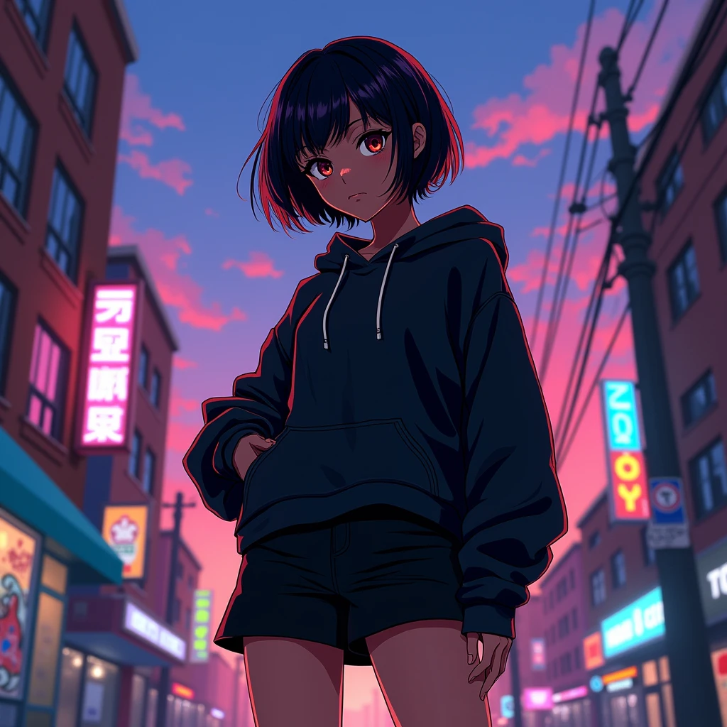 An anime character: A black woman with dark eyes. Her hair is short and black. He wears a black sweatshirt and a short black skirt..