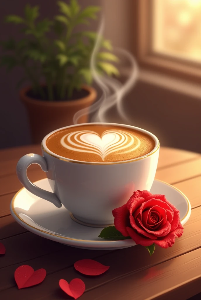  a cup of coffee with a heart on top and a rose in 2d
