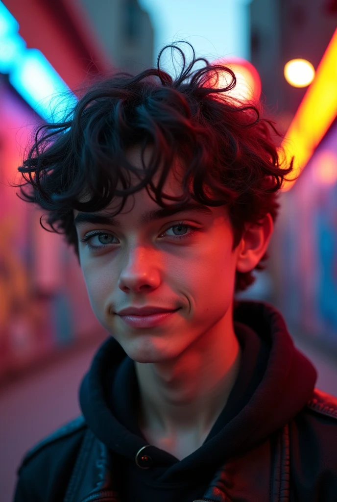 Make a picture of a black-haired boy, with curly hair , of 17, white, with a fuckboy face