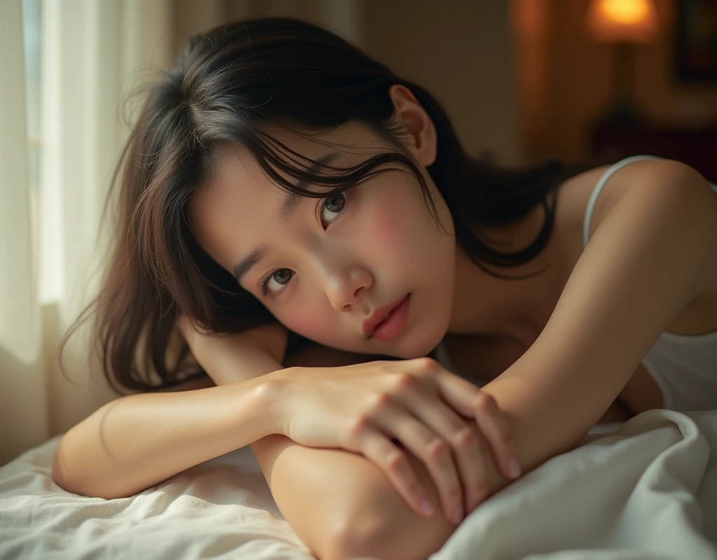 8k,Japanese woman lying on bed looking at the camera in front,Young Face、Cute and simple(Like the real thing),Portraiture, The perfect angle、Professional quality high resolution、Perfect contrast、Perfect lighting、Perfect composition、Perfect Skin、sitting with her legs slightly spread、Perfect Fingers、Perfect breasts、Perfect Hair、Perfect Face、Realistic facial features,masterpiece,Photorealistic raw photos,Bright colors,Rich colors,50mm lens,Nikon D850,Highest quality,Slim figure,Perfect body line,Perfect hand shape,Anatomical Body Balance,Highly detailed face,Highly detailed eyes,Beautiful Lips,Excellent light particles,Cinema Lighting,Compensate,In underwear,Embarrassed look,Puzzled look、Sitting on the bed with knees hugged、Staring at us from the front