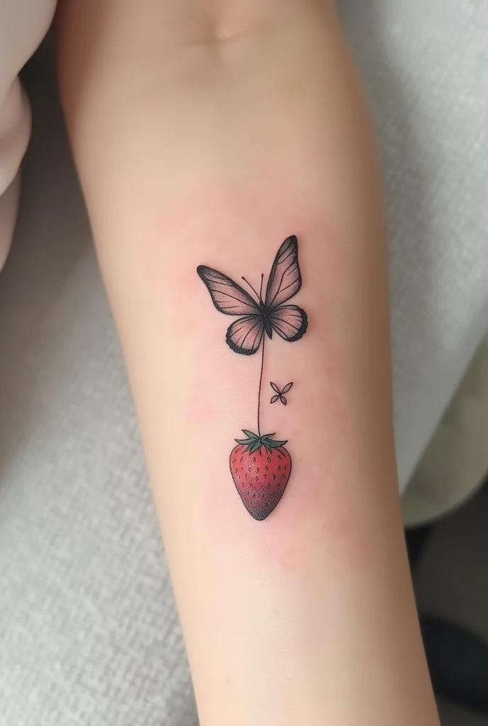 A minimalist and creative tattoo that is small in black and white that has a strawberry and a butterfly and looks good