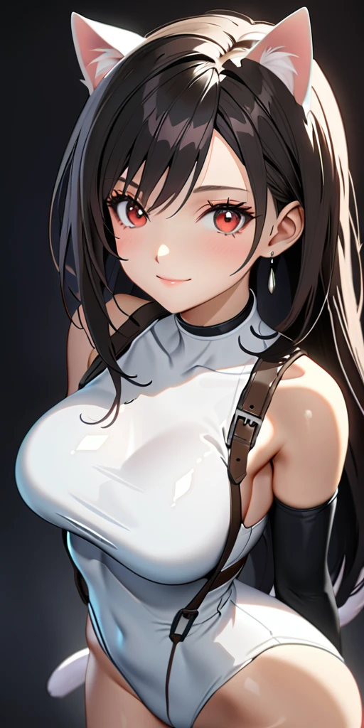 (((((tifa lockhart:1.5))))),((Highest quality、masterpiece、anime style、best quality、high resolution、8k、detailed、ultra-detailed:1.3))、Long legs:1.2, Beautiful woman with perfect figure:1.4、(Smiling:1.2), double eyelid、30-year-old female、((((One Woman,beautiful face,Beautiful face:1.5)))),Big Breasts、High resolution, accurate, Anatomically correct, High-resolution model, high quality, Very detailed, Ultra high definition、Black Hair、Straight Hair、Long Hair、(((White cat ears、White catsuit、cat tail:1.1)))