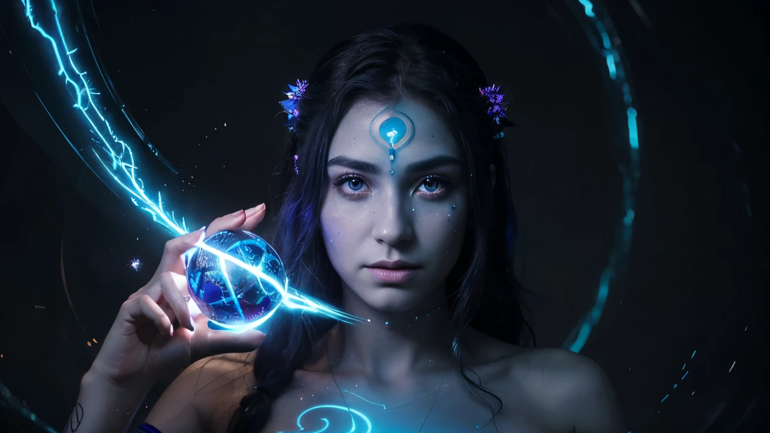 A stunningly realistic digital portrait of a woman, transformed into an avatar with vibrant neon colors and intricate patterns. Hereyes are replaced with glowing orbs, and her hair is a cascade of electric blue waves. The avatar's body is adorned with glowing runes, symbols, hindu symbols and kanjis, creating a sense of mystical power and strength. The background is a blend of dark and light elements, with swirling neon energy that adds depth and dimension to the image