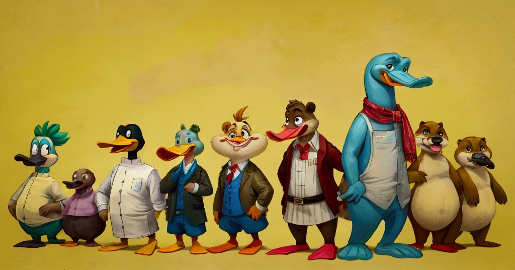 cartoon kangaroo standing upright on hind legs with a yellow background, platypus, anthropomorphic beaver, anthropomorphic alligator, loony tunes style, weasel, tamandua, illustration of a duck, duck, river otter dragon, chef platypus, anthropomorphic penguin, anthropomorphic sloth, whimsical beaver, varguyart style