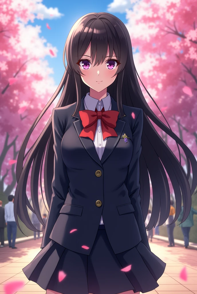 An anime girl, black long hair, matured, purple eyes, warm, slanted eyes, half body, heroine, uniform