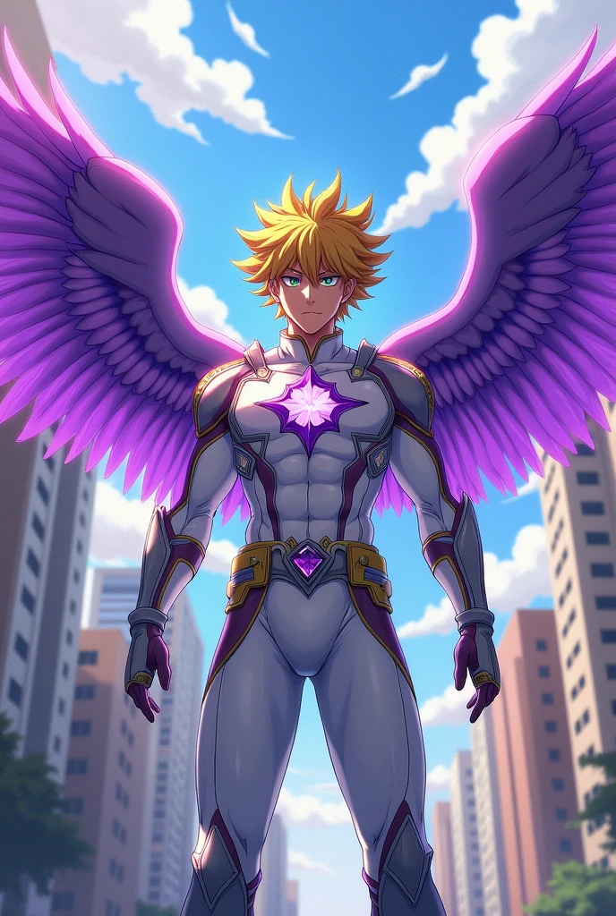 Male character of bokuno hero with purple wings, yellow hair with brown, and angel suit