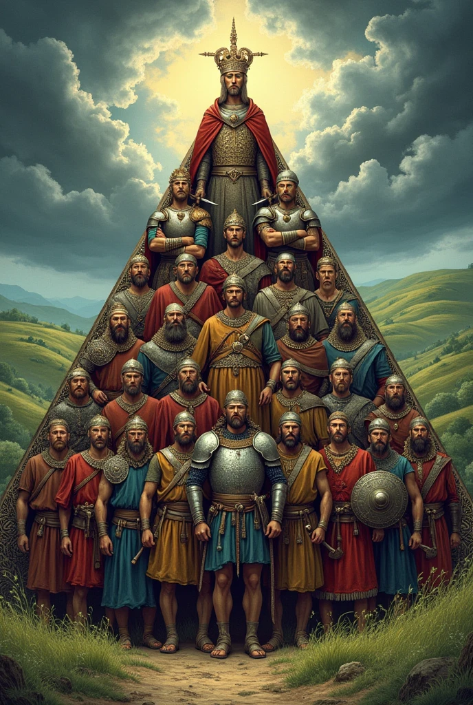 Make me a pyramid of the social organization of the Saxons with the following Kings and leaders Warriors Free men Slaves