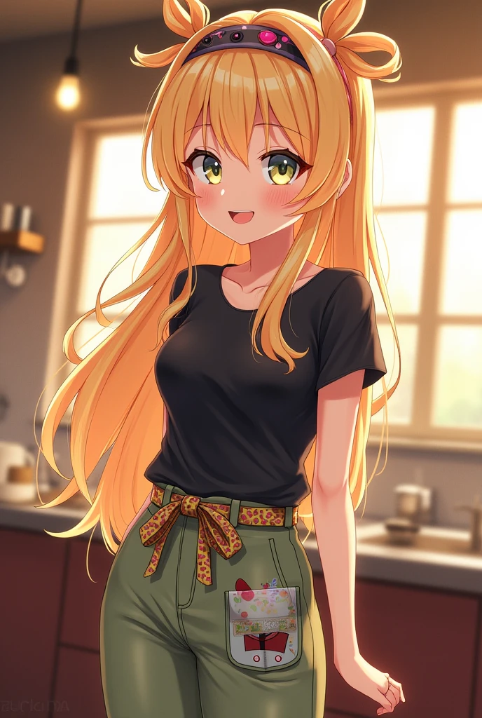 gender：Women&#39;s hair color：Blonde Hairstyle：Long hair Hair that grows out from the sides of the ears is curly.：Black T-shirt＆Chino pants with an apron and a headband on the head. A character created in anime style.。
Strong deformation