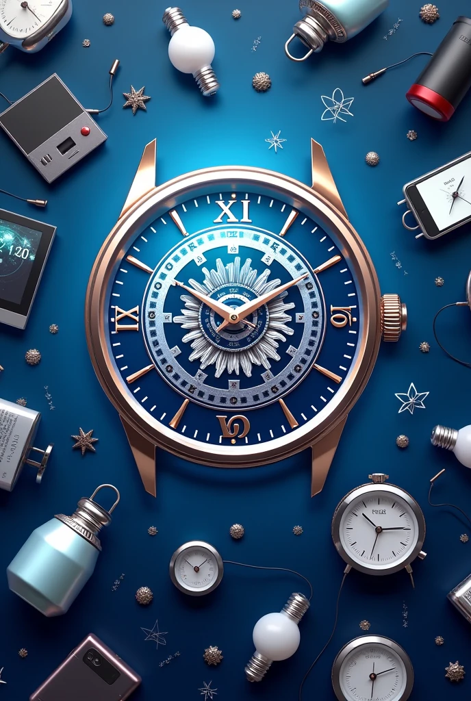 A banner for my shop name" Millat watch & Electronics ". With some mini photos of tv,Rice cooker, charge lights, hand watch,bulbs,wall clock, mobile,ball, hardware items