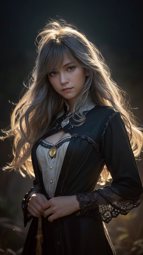 (Front Focus),(In the Dark:1.6), Hyperrealist Female Portrait by David Hockney and Alphonse Mucha,Fantasy art, Photorealistic, Dynamic Lighting, Art Station, Poster, Volumetric lighting, Highly detailed face, 4k yen, Awards,, One person, In the Dark, Deep Shadow, Modest,Cowboy Shot,(Official attire:1.4) ,Long Hair,Gray Hair,