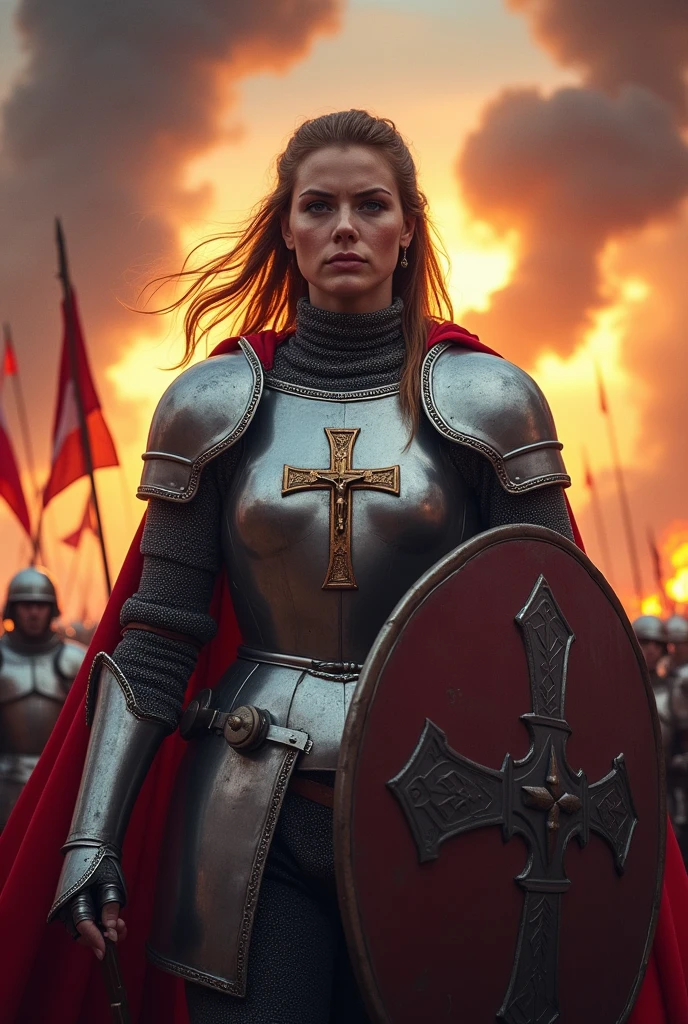 Joan of Arc winning the battle and a crucifix on her chest