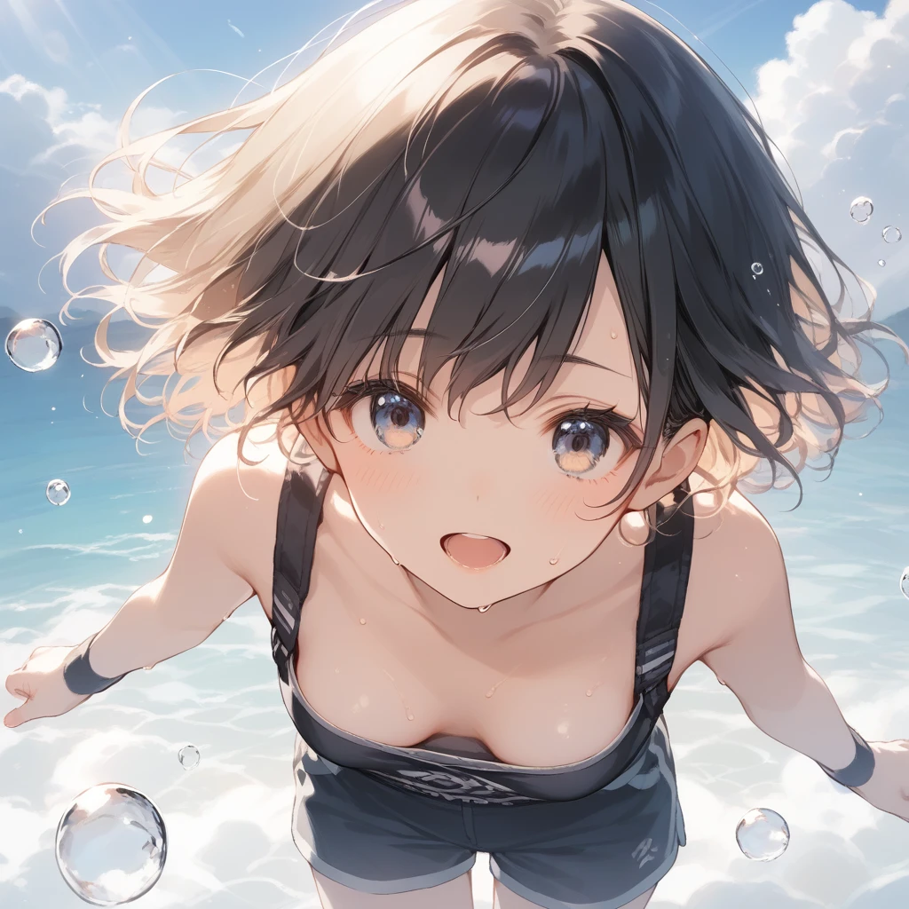 score_9, score_8_up, score_7_up, source_anime, best quality, masterpiece, official art, absurdres, highres, ultra-detailed,waifu2x,Collection: Slice of Life,break,1girl, short hair, pixie cut, curly hair, medium breasts, beautiful (well-shaped) breasts,beautiful detailed eyes, sweat, gym shorts, (wavy mouth:0.3), open mouth, outdoors, wind, (Detailed Lighting), (Detailed background),break,(clear line illustration:1.2), super detailed skin,very high resolution, very aesthetic, Best sexual lighting powered by famous artist, 8k, 16k, cute picture,beauty illustration,photoshop_(medium),,(Detailed Lighting),best anime 8k konachan wallpaper, pixiv contest winner,
