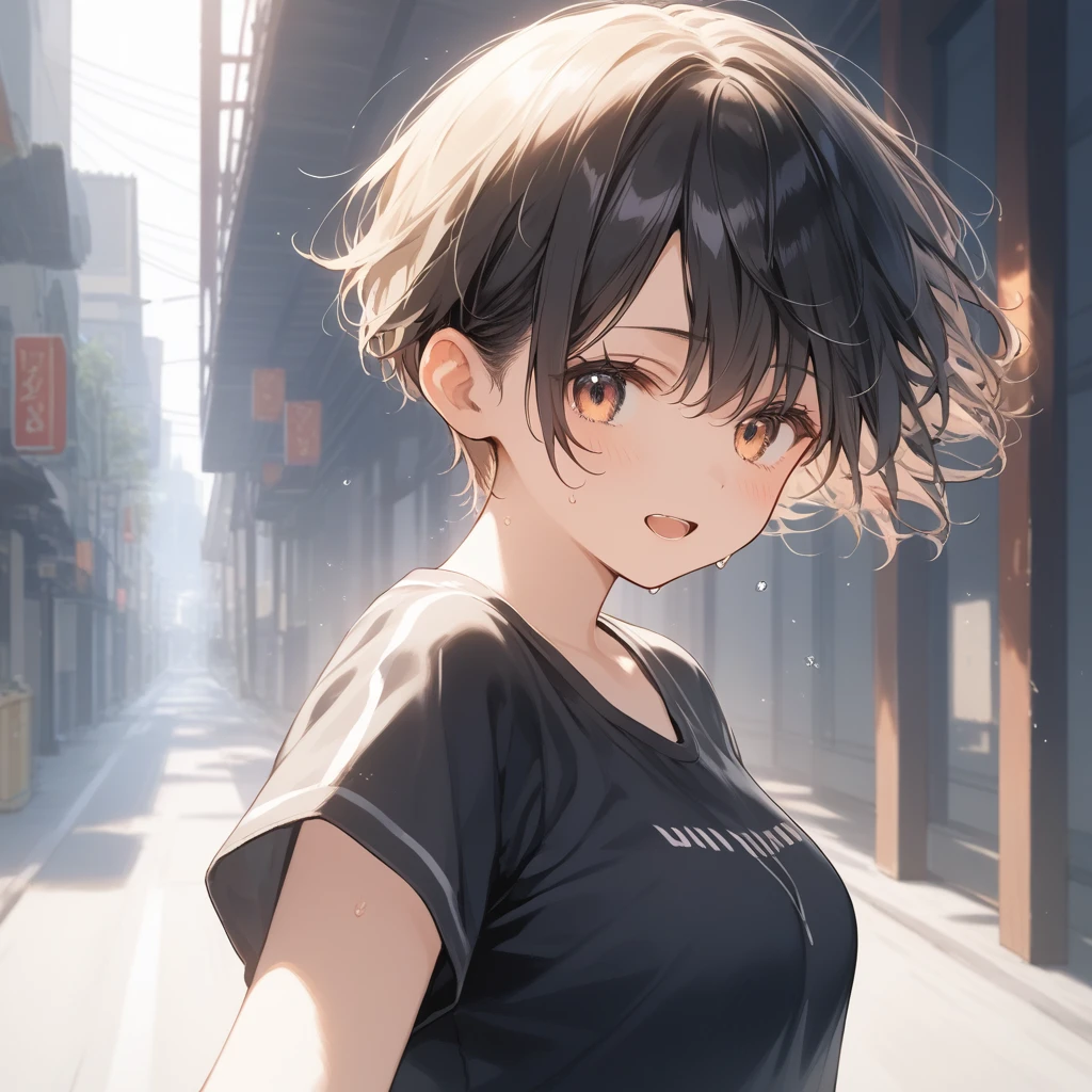 score_9, score_8_up, score_7_up, source_anime, best quality, masterpiece, official art, absurdres, highres, ultra-detailed,waifu2x,Collection: Slice of Life,break,1girl, short hair, pixie cut, curly hair, medium breasts, beautiful (well-shaped) breasts,beautiful detailed eyes, sweat, gym shorts, (wavy mouth:0.3), open mouth, outdoors, wind, (Detailed Lighting), (Detailed background),break,(clear line illustration:1.2), super detailed skin,very high resolution, very aesthetic, Best sexual lighting powered by famous artist, 8k, 16k, cute picture,beauty illustration,photoshop_(medium),,(Detailed Lighting),best anime 8k konachan wallpaper, pixiv contest winner,