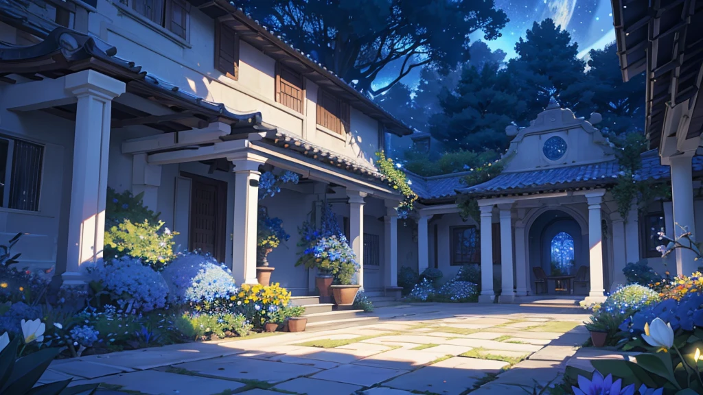 4k ultra high definition, a large courtyard garden with a white tree with blue leaves in the center of it with glowing fruits, many types of shrubs, bushes, flower patches, they sky is outer space, stars vivid bright beautiful lush anime style