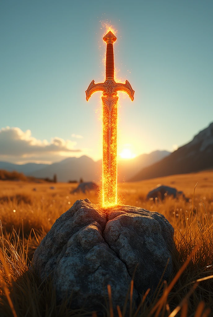 masterpiece、Highest quality、Very detailed、Ultra-high resolution、middle ages、Sword in the rock、Clear skies、grassland、Fire Aura