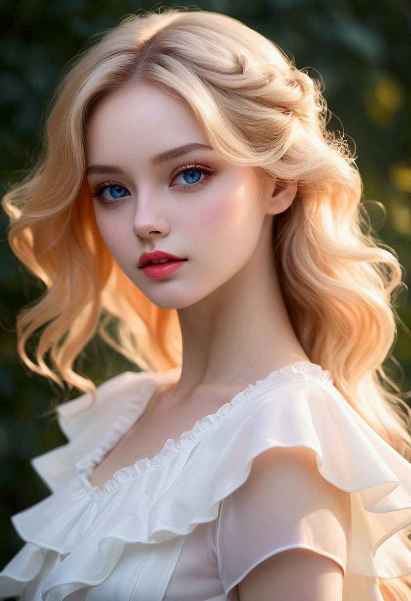 Realistic texture, vivid silhouette, (Shiny layered wide frill blouse, Off-Solder Pure White Blouse), A woman with a beautiful face, with glossy pale skin and blue eyes._Orange color makeup, Glossy pink lips, soft starlight, Dance with a dreamy expression as if you are dreaming. (Long blonde hair flowing down her forehead, Full head of hair, Shiny hair), Camera angle capturing the upper body above the hips, clear resolution, Clear picture quality, realistic atmosphere, Bright Themes, 초realistic atmosphere, (vivid silhouette, masterpiece, best quality), Blurry nature background.