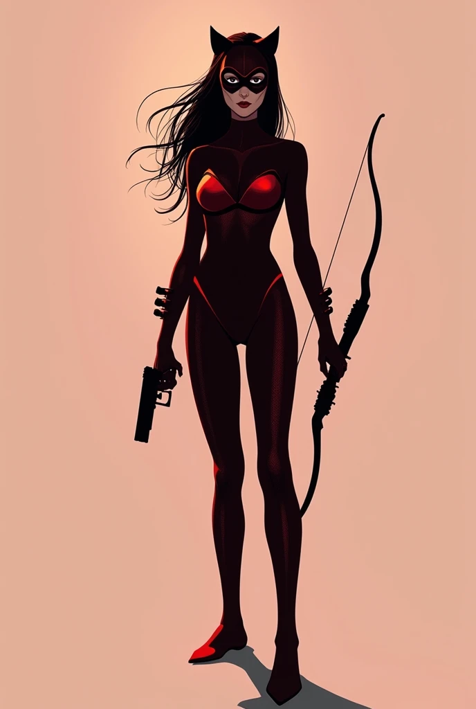 A silhouette of a  girl wearing red Catwoman suit, no head gear. Wearing red mascaraed mask. Holding a small gun and bow. Plain background 