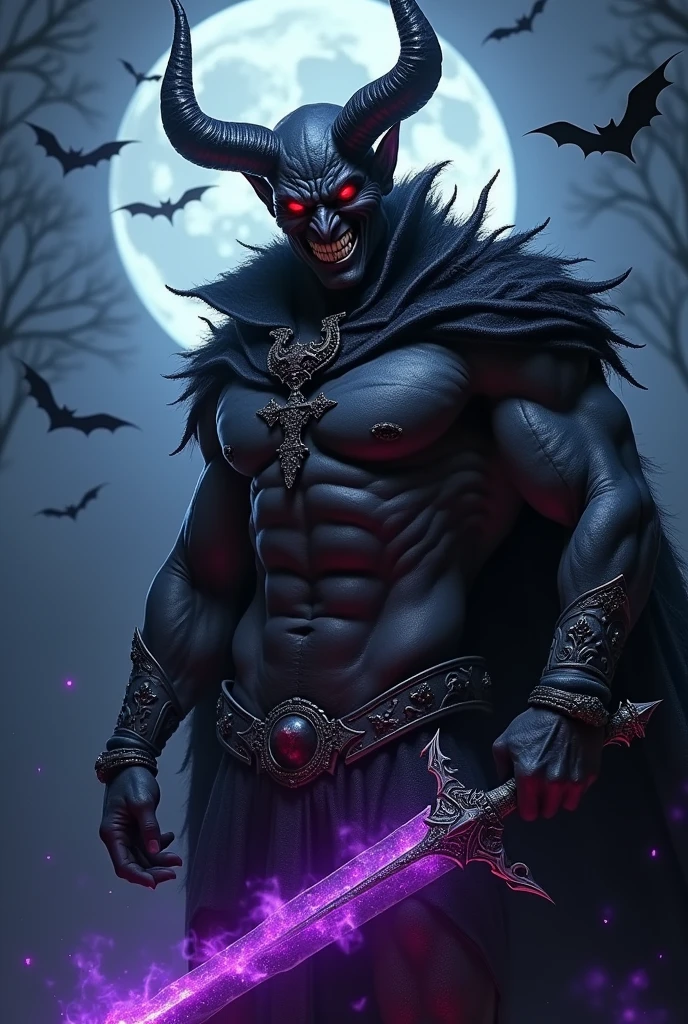 Devil With black skin colour, creepy horns and
red eyes and
glowing purple colour combination sword in hand
He should has six pack abs
And scary smile
In moonlight with bats in sky 