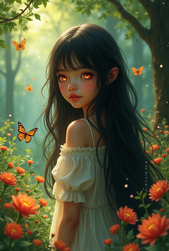 girl with long black hair, with red and gold byes