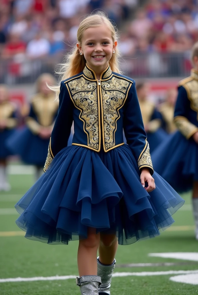 make me an marching band uniform for girls color must be navy blue mixed with gold and white underskirt make the skirt fluffy more like a dress the skirt must be mixed with white ang navy blue the top must be elegant