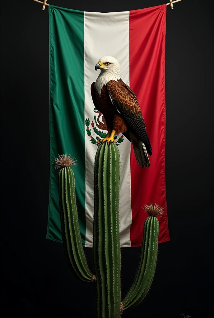 Mexican flag hanging from the top center, Totally black background