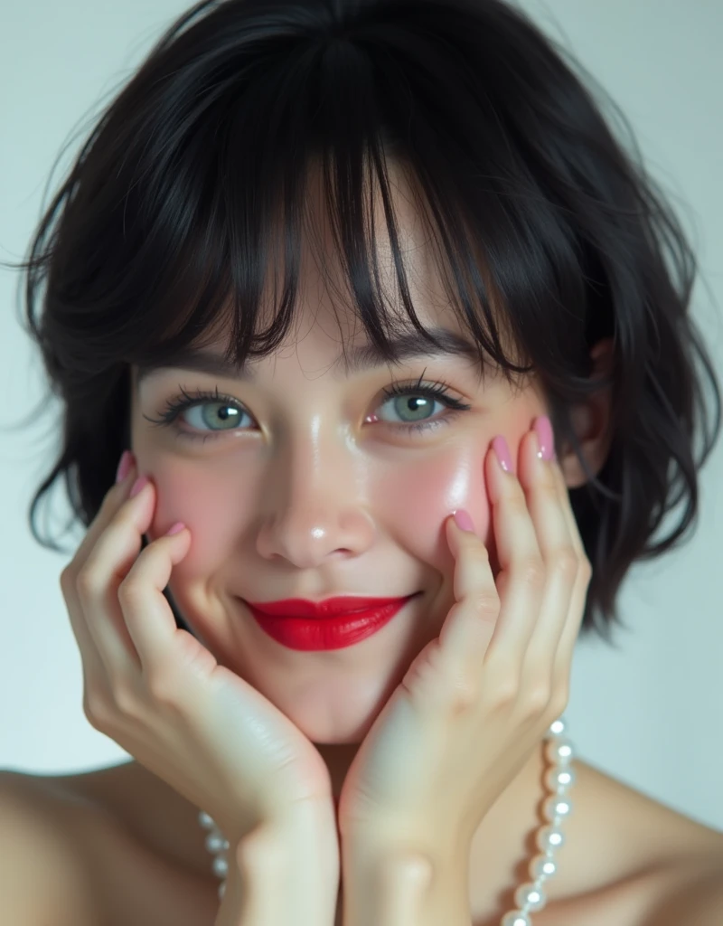 (RAW photo, best quality, masterpiece: 1.2), (photorealistic: 1.4), (Polish girl, 20 years old, black hair, Light grey eyes, short bob cut, hair in 7 thirds, hair over one ear, Symmetrical eyes, solo, Detailed Skin, rip gloss, blush:1.1), Bright red lips, slightly upturned face, large pearl necklace, wet hair, looking away, white background, close-up of face, nude, cinematic lighting, grin, covering face with hands