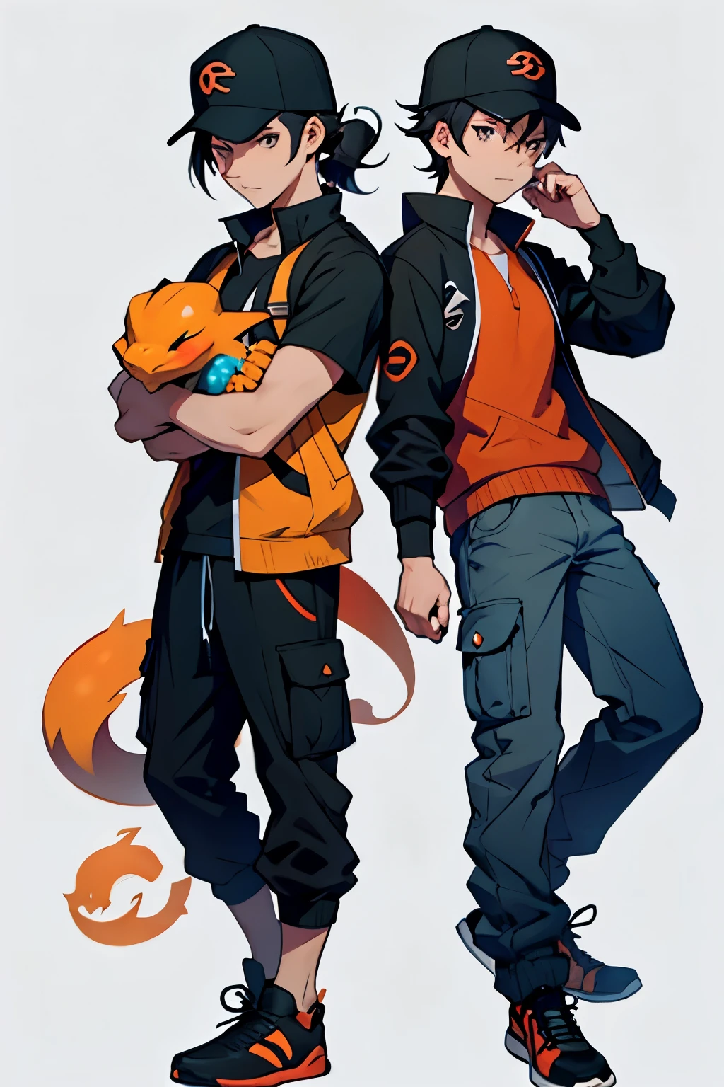 A pokemon trainer with a black cap and black hair with a charmander by his side