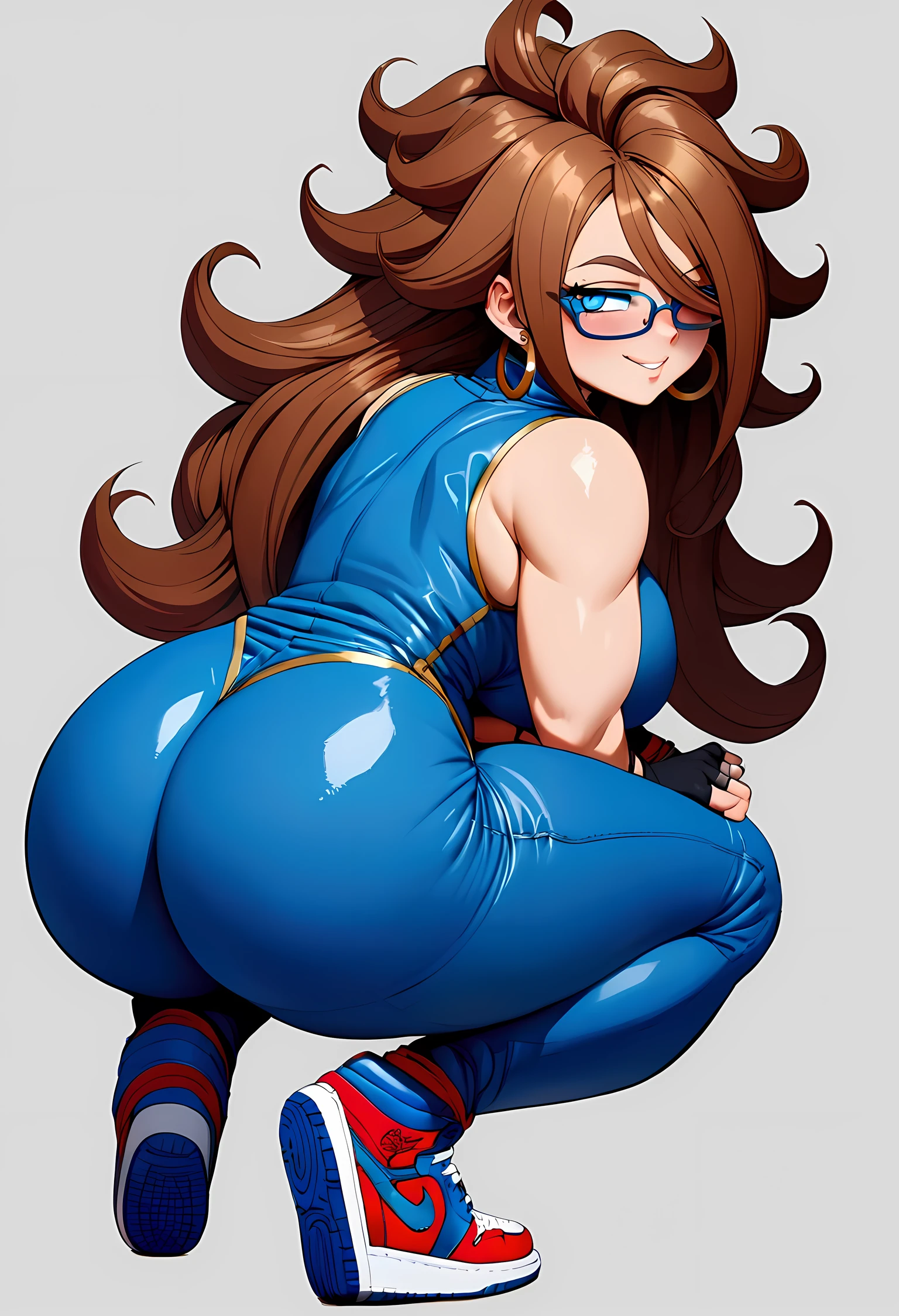 Android 21 from dragonball brown hair, long hair, curly hair, blue eyes, hoop earrings, wide hips, big , glasses, blue budysuit,blue vest, sleeveless, unitard, Chinese clothing, blue jordan1s, alone, curvy, bubble butolo focus, solo female, squashing thighs, fingerless gloves, long pants, fully clothed, no background, cocky g perfect eyes, squatting, giant thighs, chubby, hair covering one eye,