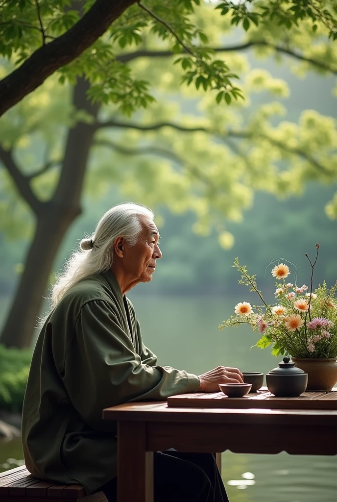 The feng shui master is an Asian man, his hair is white, he sits looking straight ahead.  sitting at the tea table, behind the trees and charming scenery,