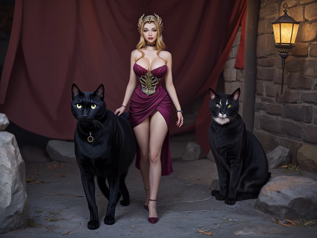 There is a woman in a purple dress standing next to a black cat。, 3D Goddess Minerva, Anthropomorphic Panther Warlock, a sexy blonde warrior, Charming cat girl, Inspired by Boris Vallejo (Boris Vallejo's), Super Villain Witch, Hot reptilian humanoid woman, Dorian Clevinger, Inspired by Clyde Caldwell, liana wraps two fantasy creatures